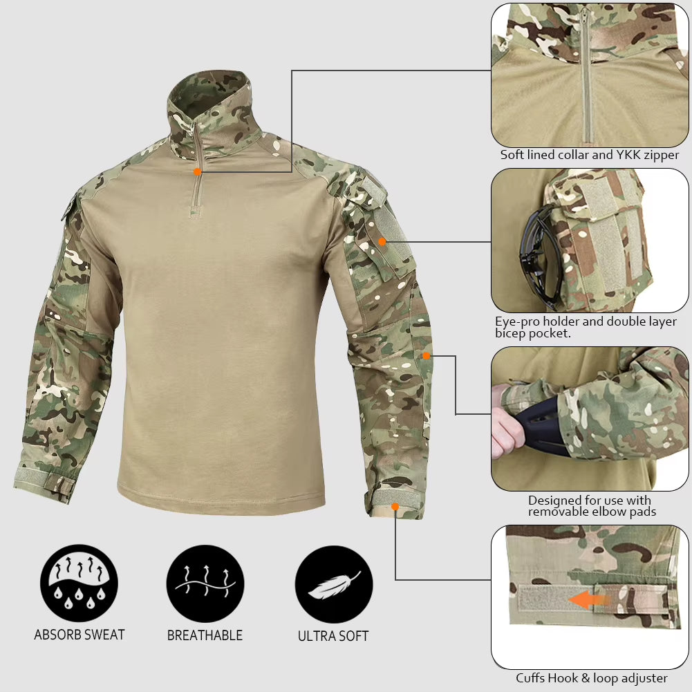 Combat Shirt with Elbow Pads for Hunting Outdoor Tops Tactical Clothes MC Tiger Stripes Shirts