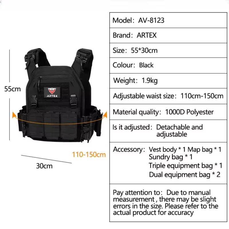 Artex New Combat Vest 6094 Quick Detachable Light Laser Cut Tactical Vest Black Gear to Carry Airsoft Carrier Combat Equipment